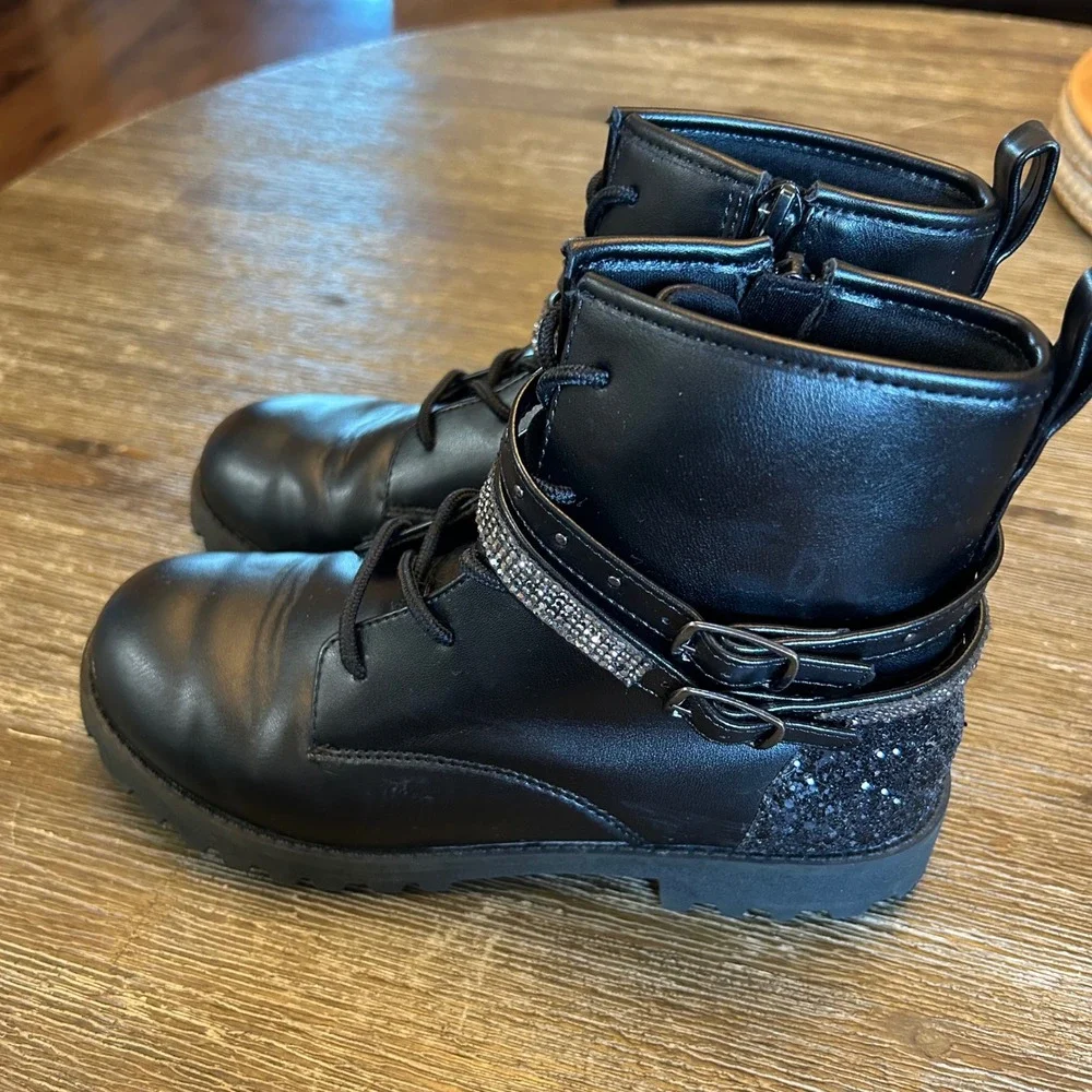 Mix No. 6 Combat Boots Kids 3 Black Excellent Rhinestone Glitter Lug‎ Sole Zip